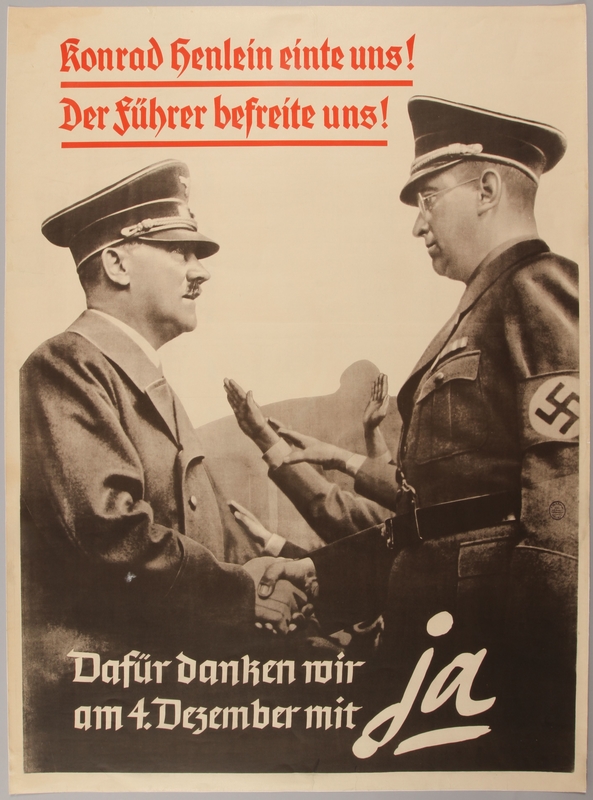 Poster depicting Adolf Hitler and Konrad Henlein shaking hands and promoting the elections in Reichsgau Sudetenland